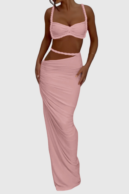 Arsa Rope Trim Top & Maxi Skirt Set - Pink