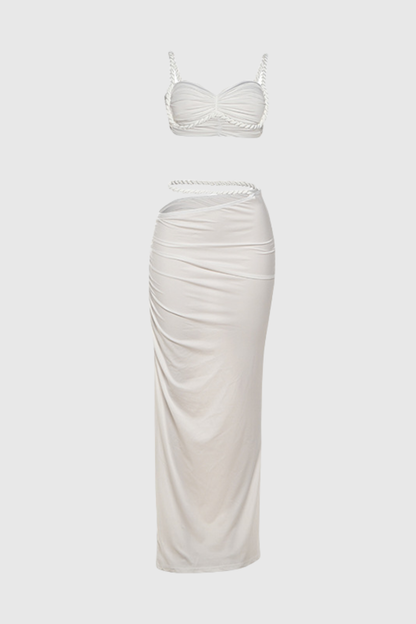 Arsa Rope Trim Top & Maxi Skirt Set - White