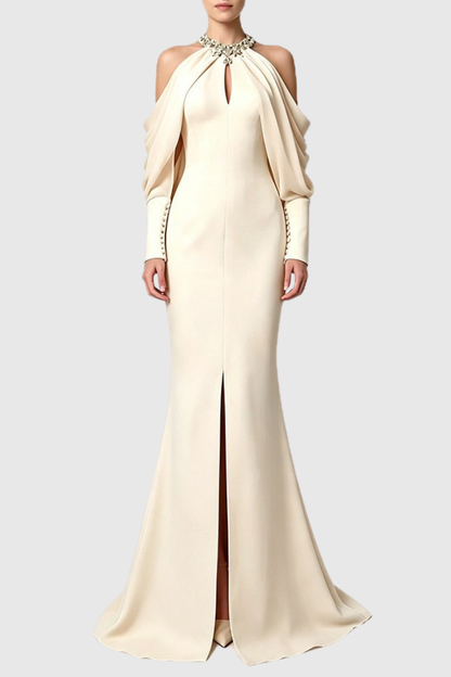 Artemisa Crystal Off Shoulder Mermaid Maxi Dress - Beige