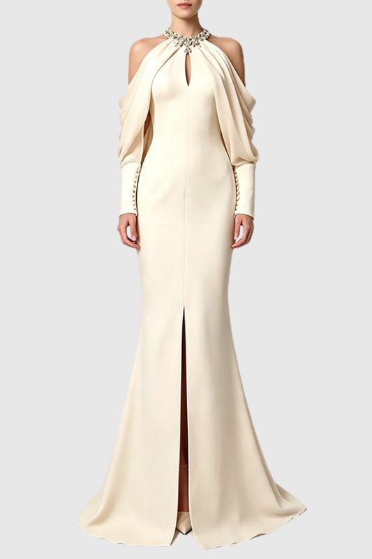 Artemisa Crystal Off Shoulder Mermaid Maxi Dress - Beige