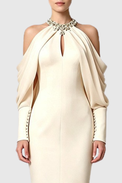 Artemisa Crystal Off Shoulder Mermaid Maxi Dress - Beige