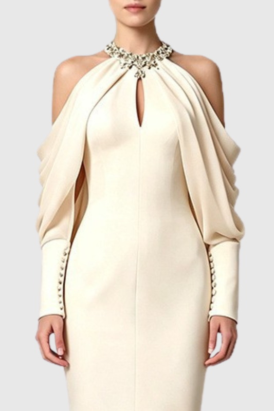 Artemisa Crystal Off Shoulder Mermaid Maxi Dress - Beige