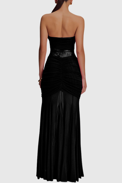 Arthur Strapless Lace Ruched Maxi Dress - Black