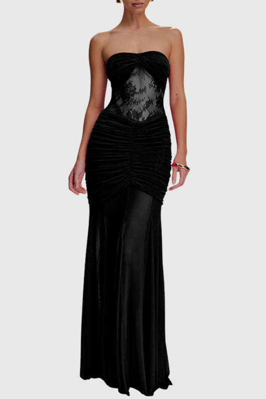 Arthur Strapless Lace Ruched Maxi Dress - Black