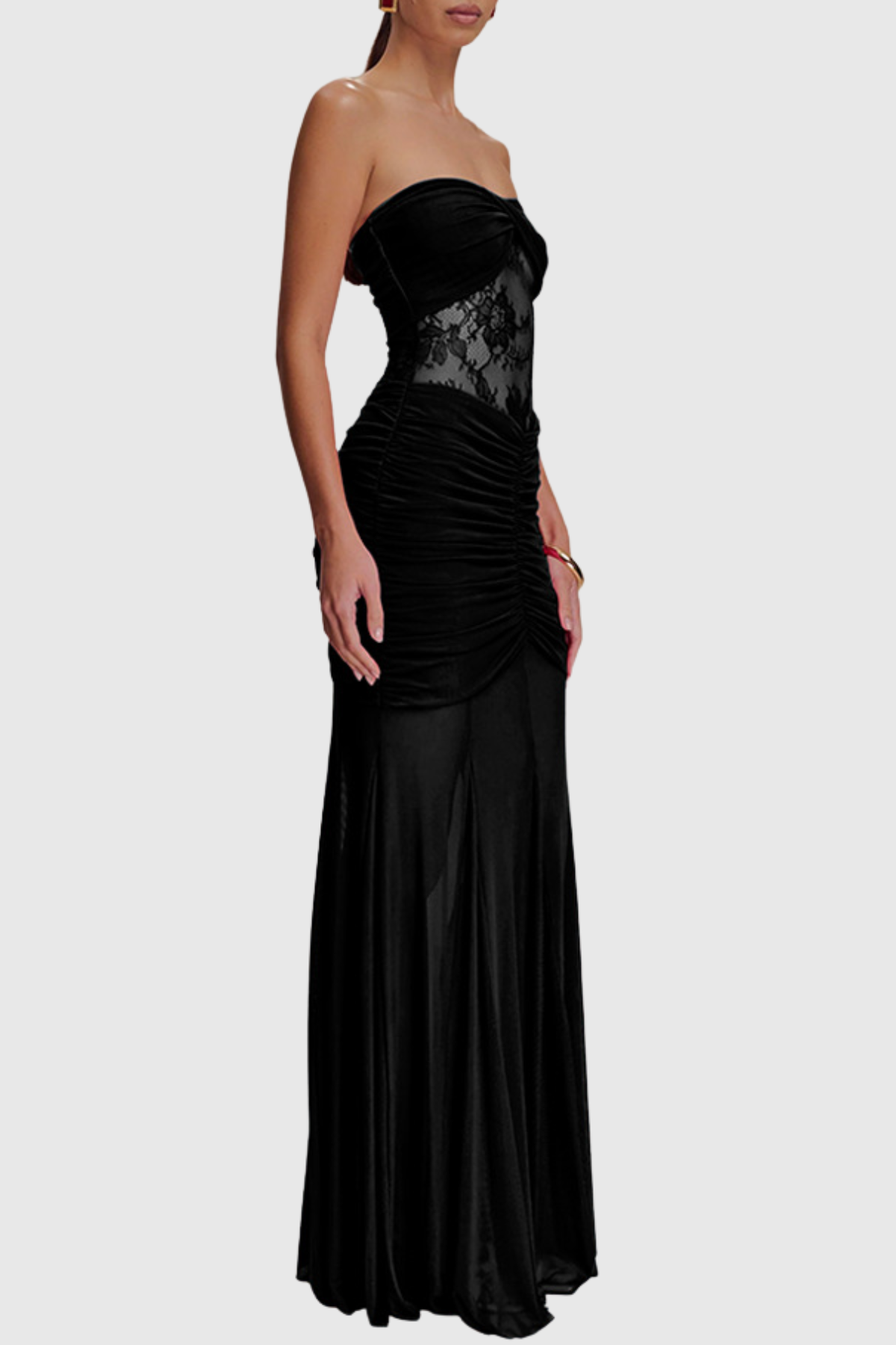 Arthur Strapless Lace Ruched Maxi Dress - Black