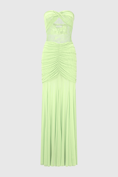 Arthur Strapless Lace Ruched Maxi Dress - Green