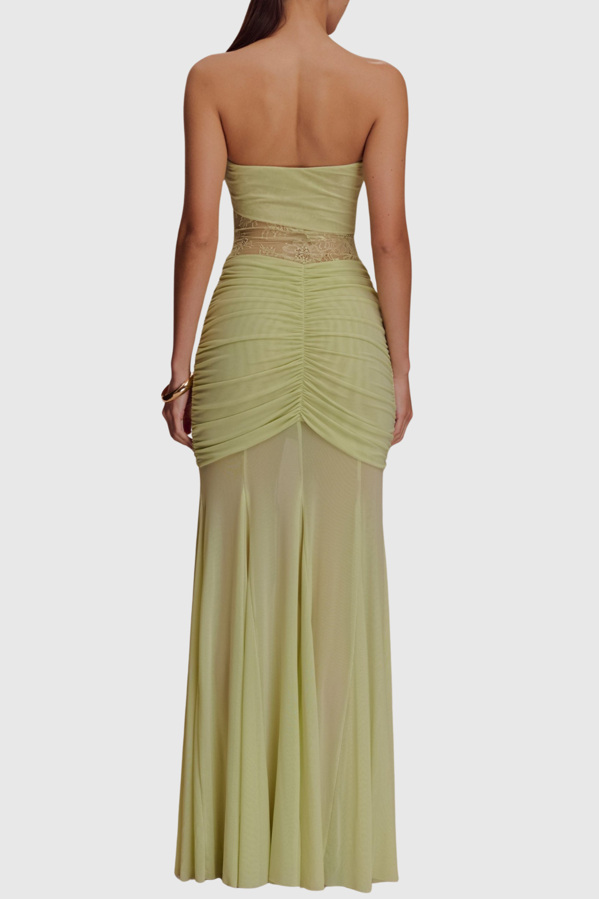 Arthur Strapless Lace Ruched Maxi Dress - Green