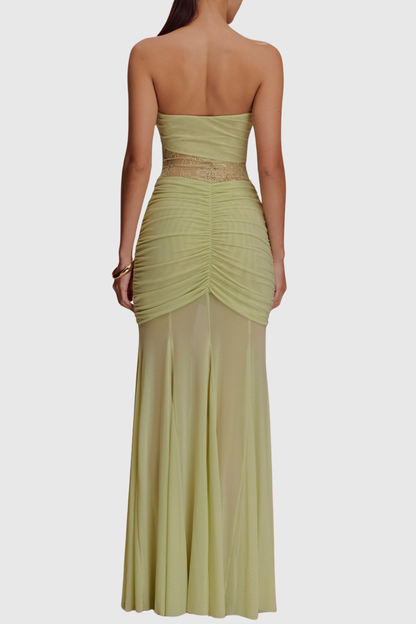 Arthur Strapless Lace Ruched Maxi Dress - Green