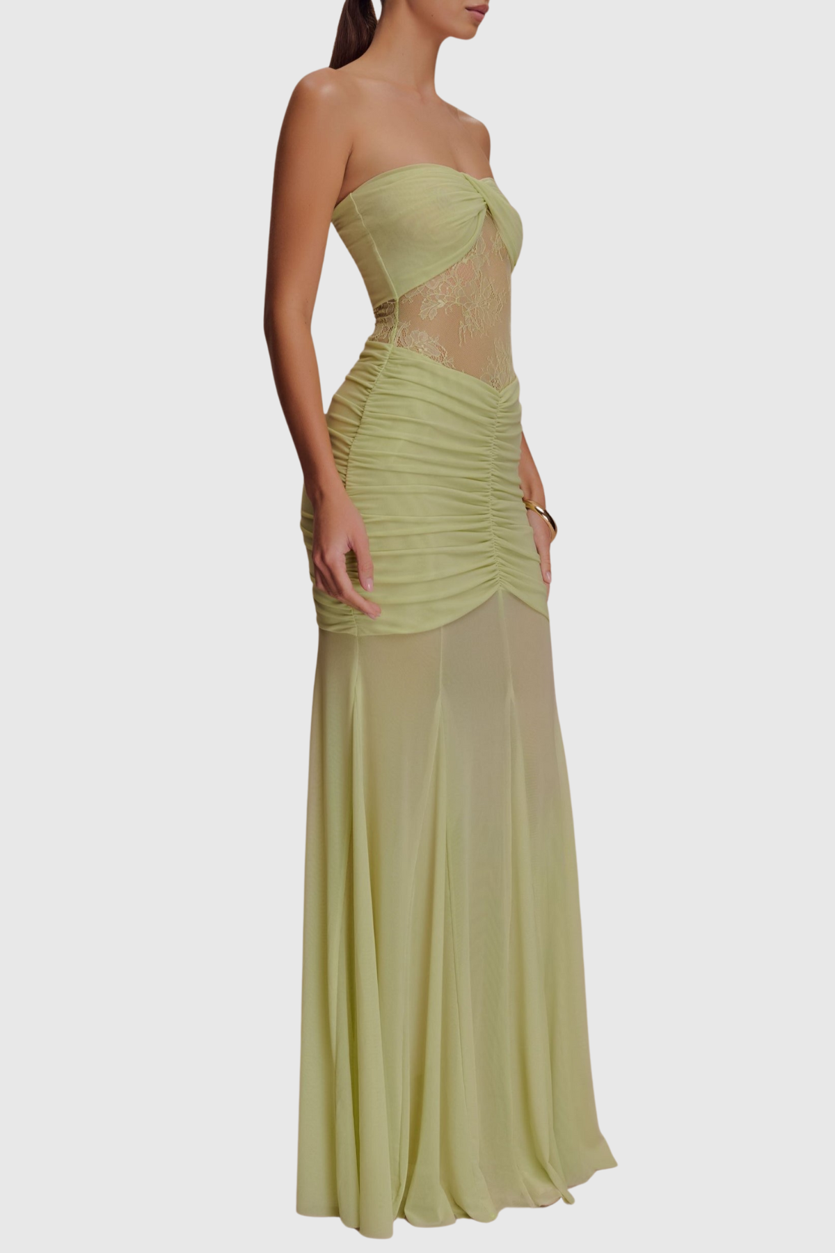 Arthur Strapless Lace Ruched Maxi Dress - Green