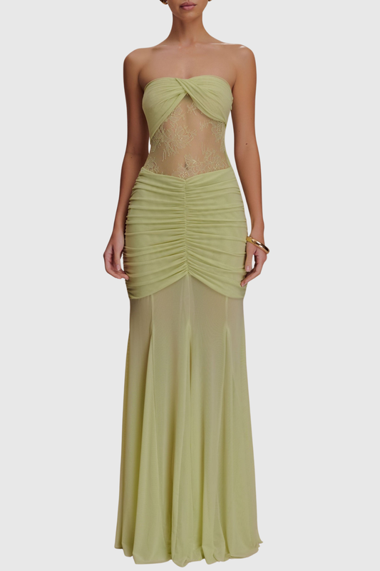 Arthur Strapless Lace Ruched Maxi Dress - Green