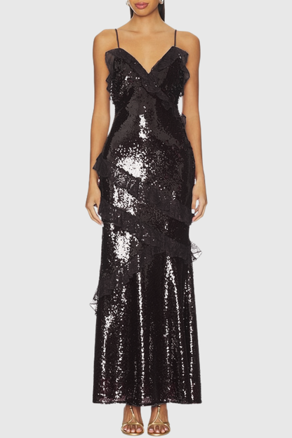 Artia Lace Sequin Maxi Dress - Black