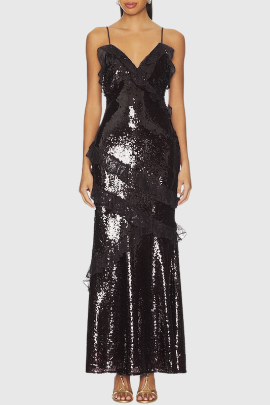 Artia Lace Sequin Maxi Dress - Black