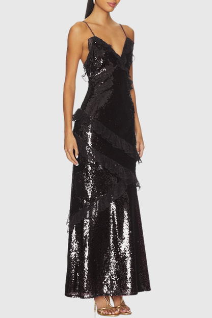 Artia Lace Sequin Maxi Dress - Black