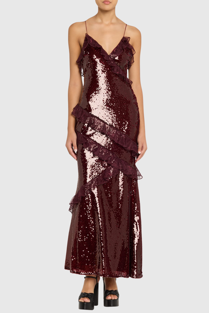Artia Lace Sequin Maxi Dress - Wine