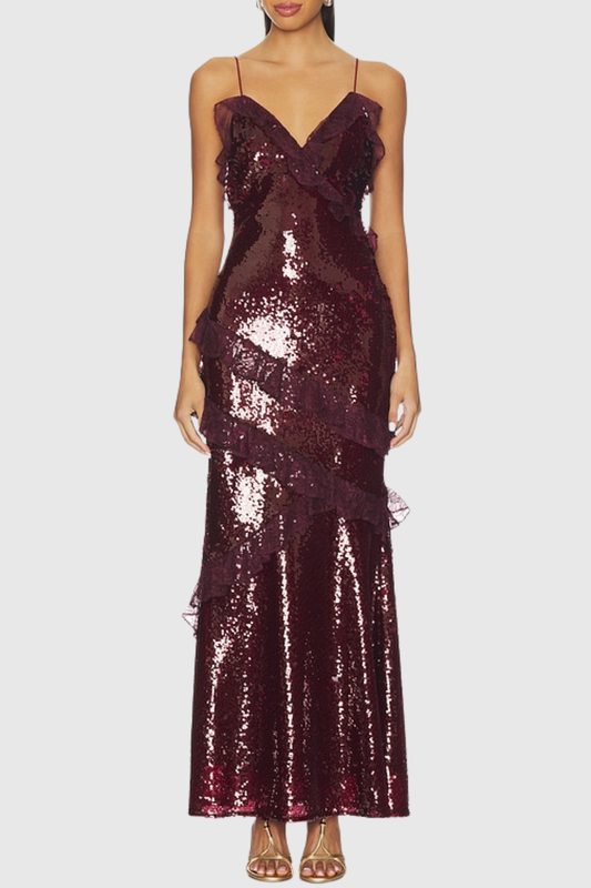Artia Lace Sequin Maxi Dress - Wine