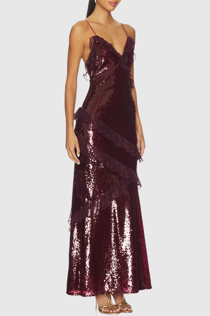 Artia Lace Sequin Maxi Dress - Wine