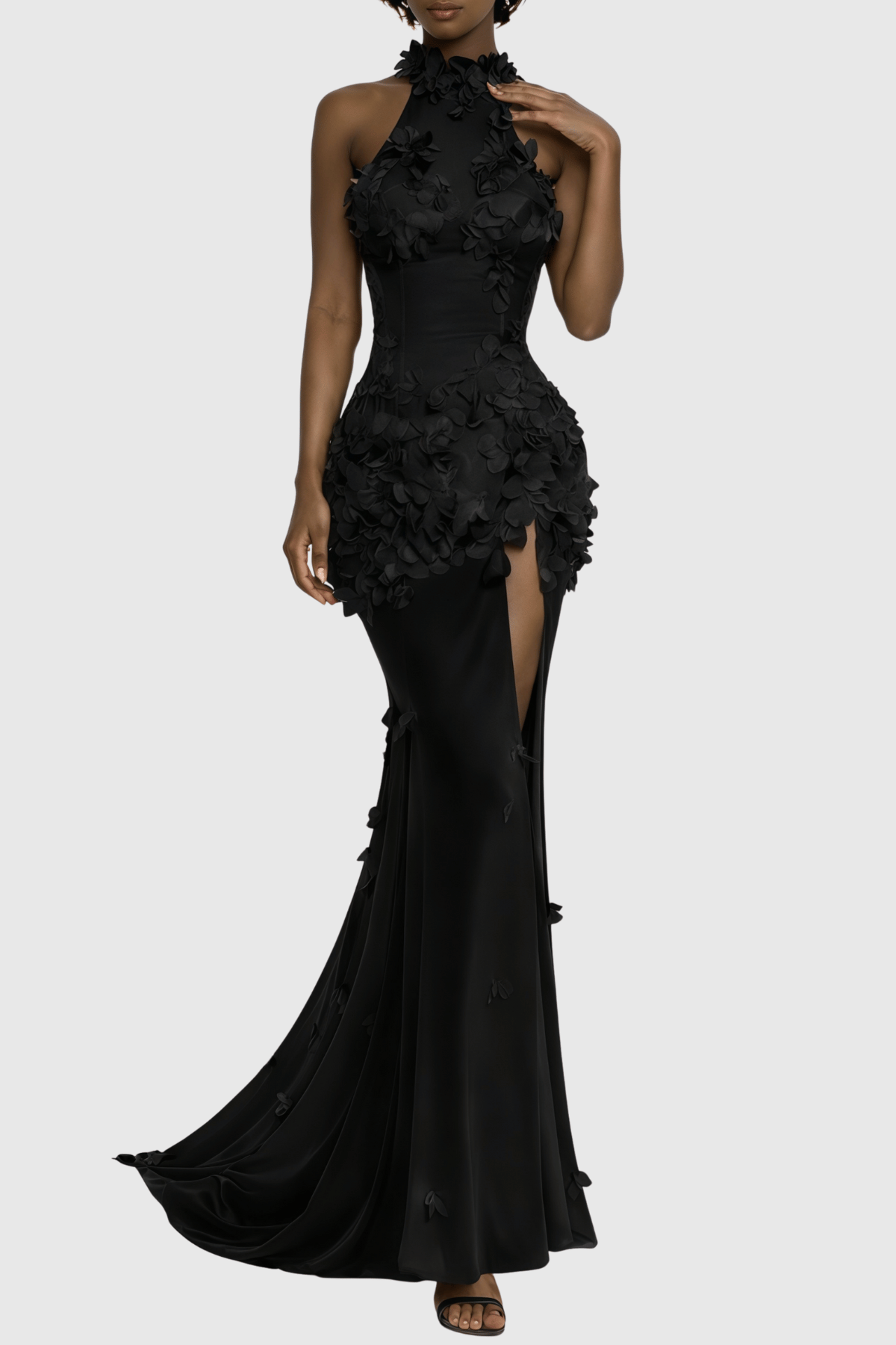 Artsy Halter Floral Appliqué Sheer Maxi Dress - Black