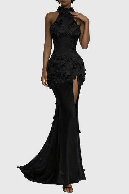 Artsy Halter Floral Appliqué Sheer Maxi Dress - Black