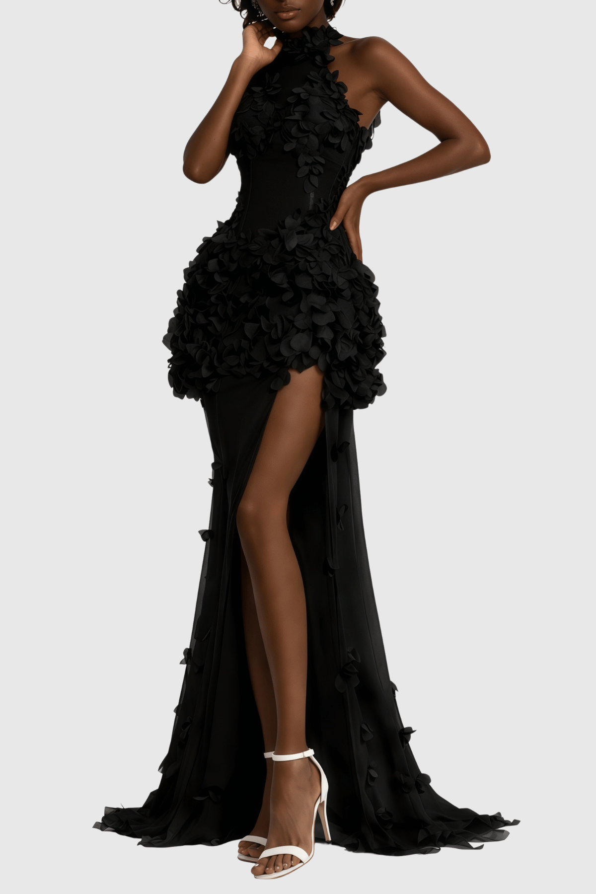 Artsy Halter Floral Appliqué Sheer Maxi Dress - Black