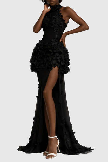 Artsy Halter Floral Appliqué Sheer Maxi Dress - Black