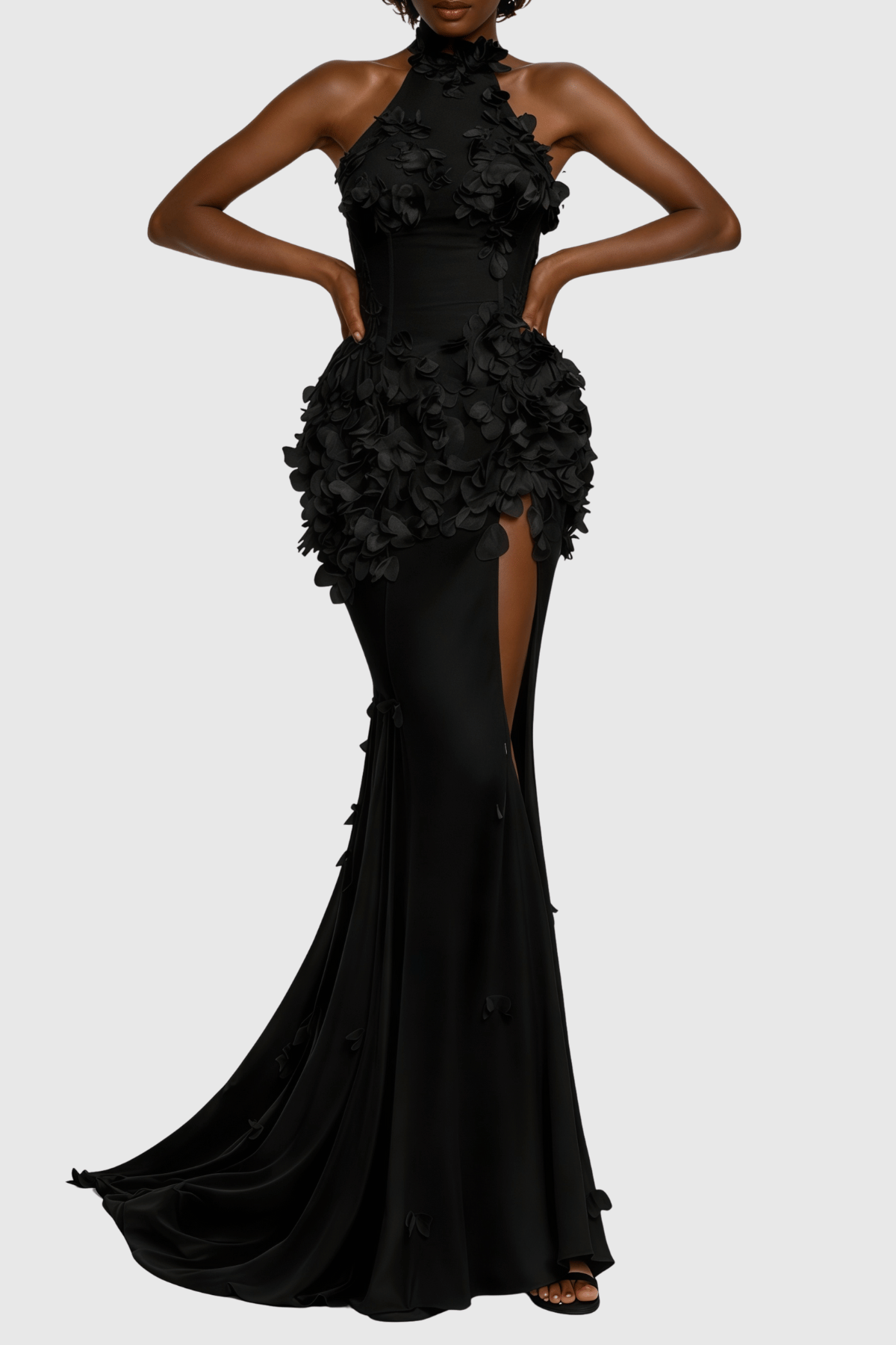 Artsy Halter Floral Appliqué Sheer Maxi Dress - Black