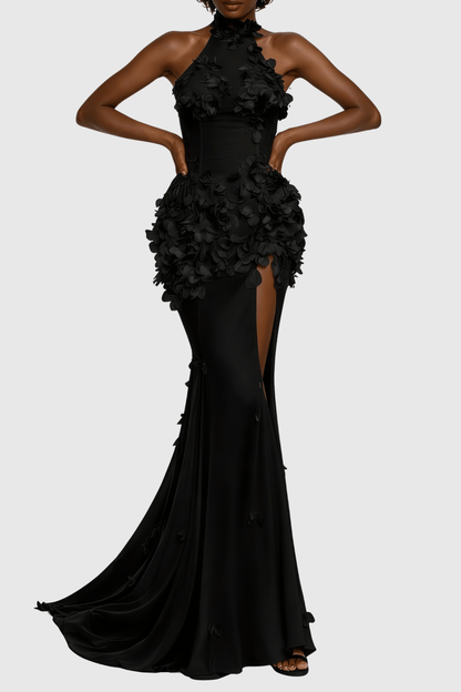 Artsy Halter Floral Appliqué Sheer Maxi Dress - Black