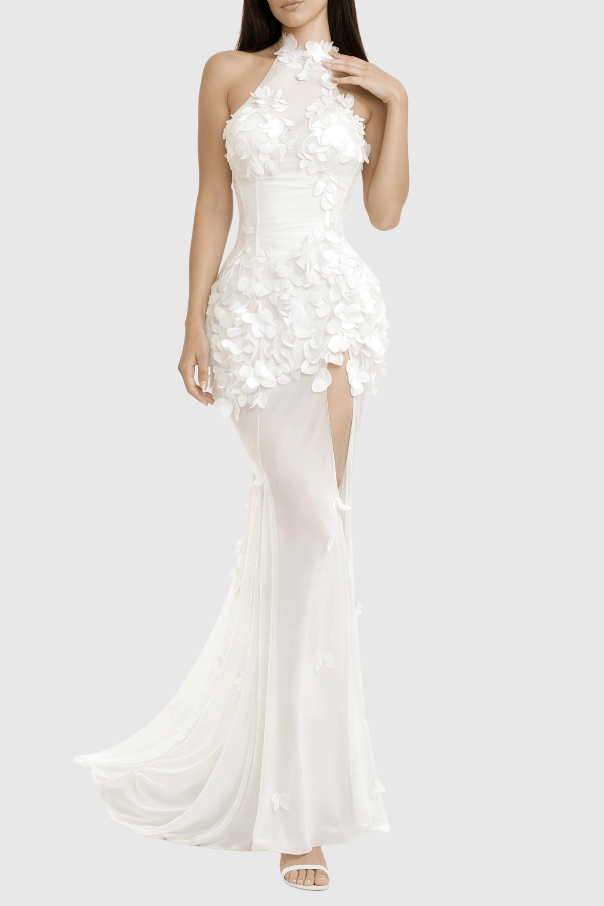 Artsy Halter Floral Appliqué Sheer Maxi Dress - White