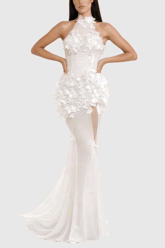 Artsy Halter Floral Appliqué Sheer Maxi Dress - White