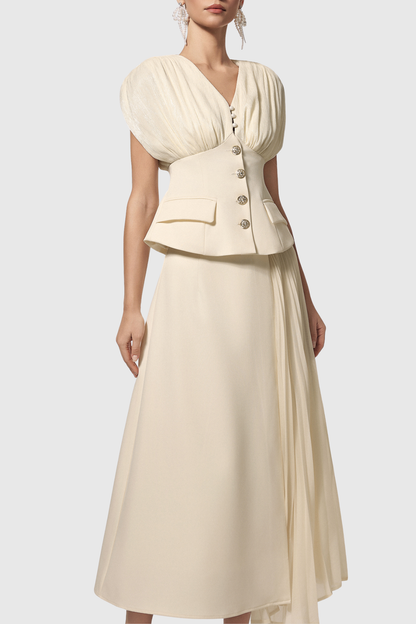 Asha Ruched Buttoned Top & Pleated Midi Skirt Set