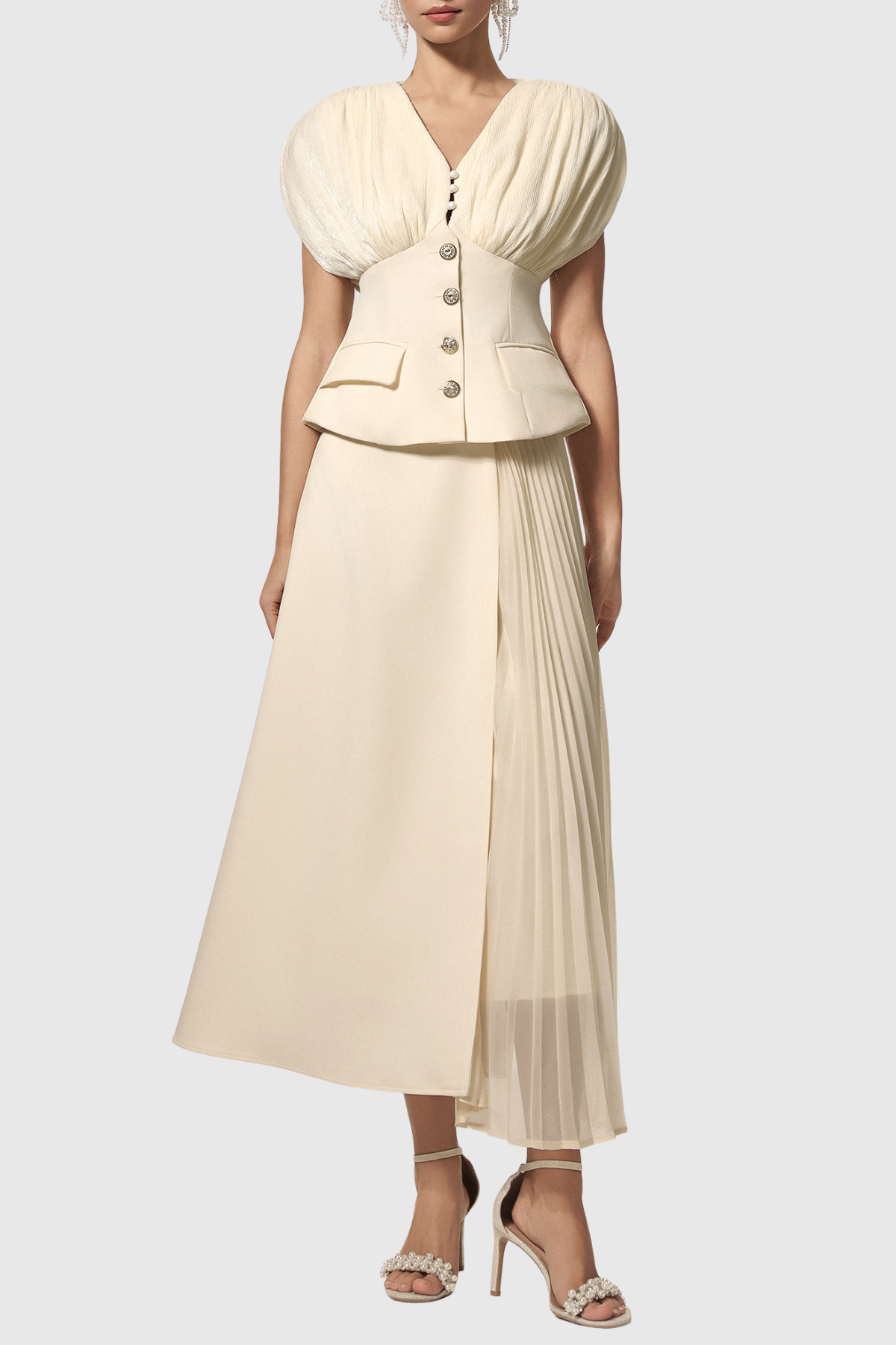 Asha Ruched Buttoned Top & Pleated Midi Skirt Set