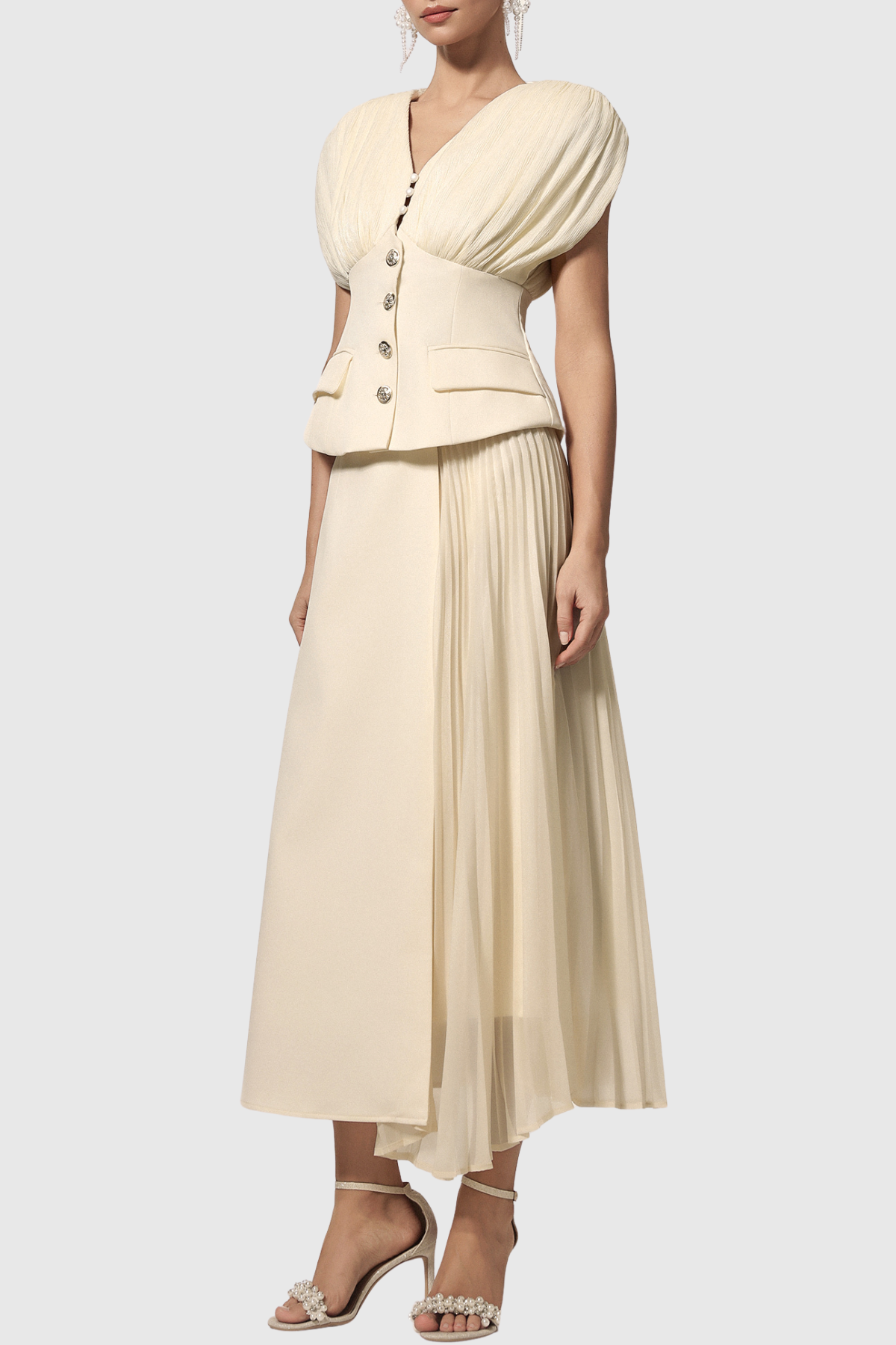 Asha Ruched Buttoned Top & Pleated Midi Skirt Set
