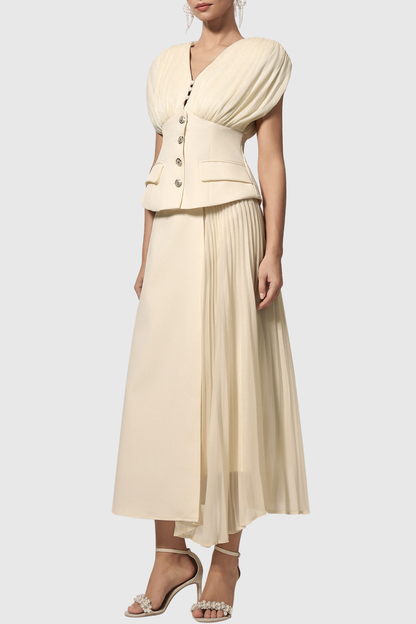 Asha Ruched Buttoned Top & Pleated Midi Skirt Set
