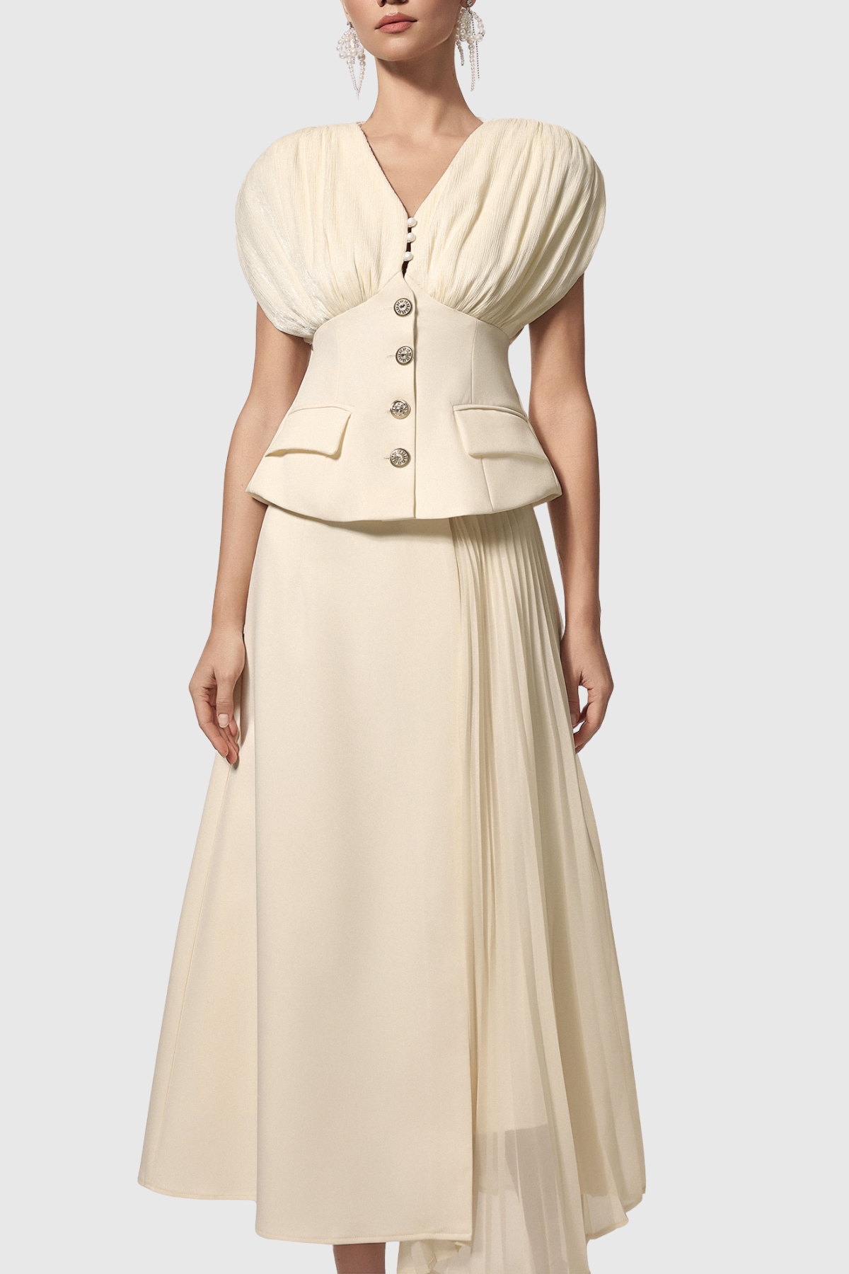Asha Ruched Buttoned Top & Pleated Midi Skirt Set
