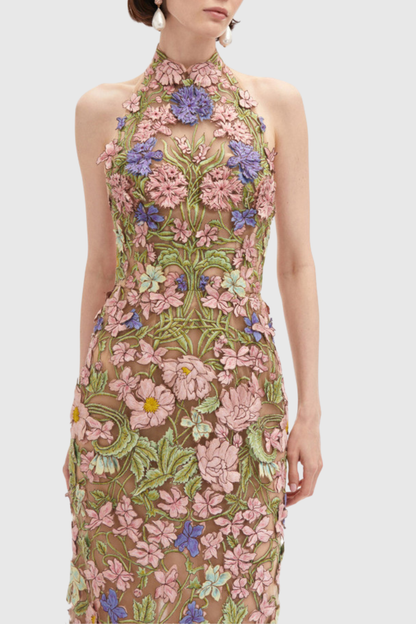 Athaliah Halter Floral Embroidered Maxi Dress