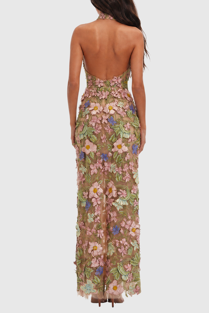 Athaliah Halter Floral Embroidered Maxi Dress