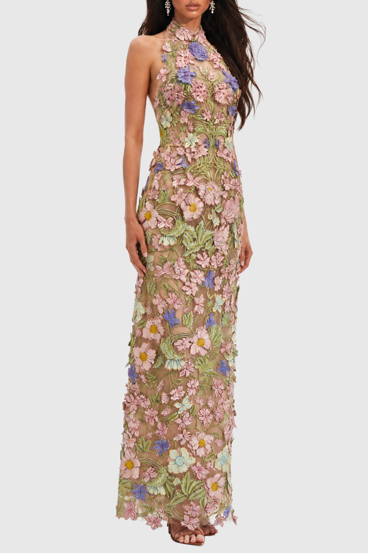 Athaliah Halter Floral Embroidered Maxi Dress