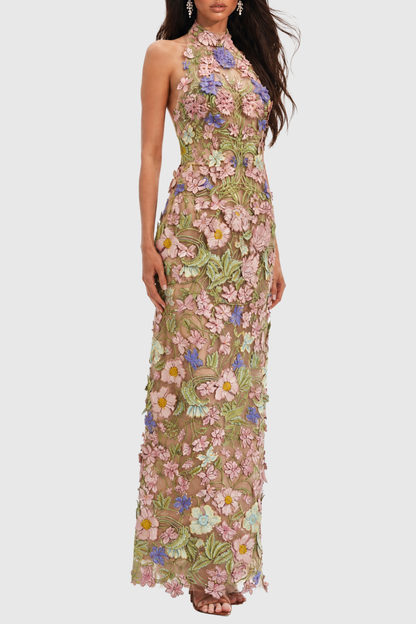 Athaliah Halter Floral Embroidered Maxi Dress