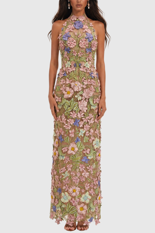 Athaliah Halter Floral Embroidered Maxi Dress