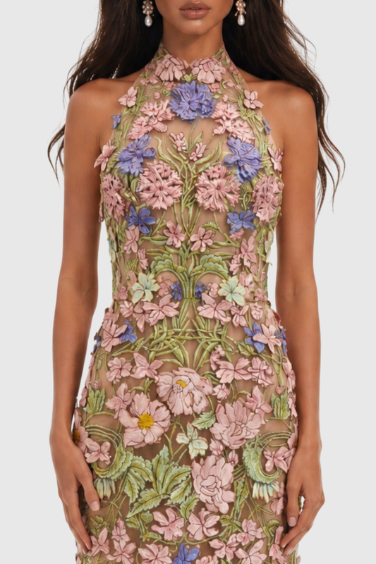 Athaliah Halter Floral Embroidered Maxi Dress