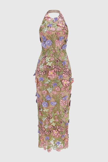 Athaliah Halter Floral Embroidered Maxi Dress