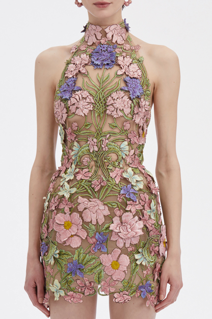 Athaliah Halter Floral Embroidered Mini Dress