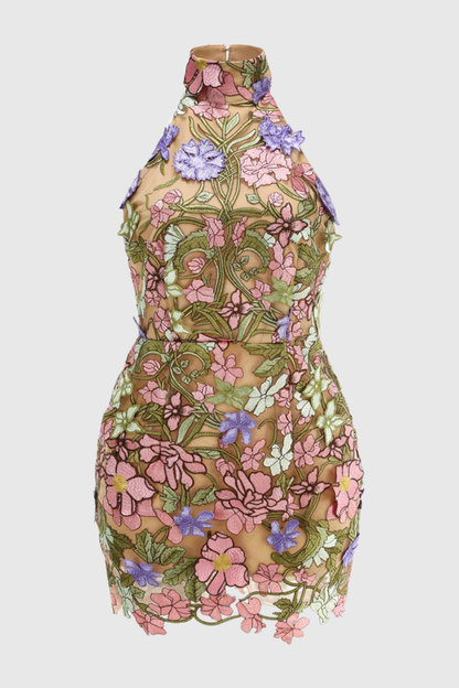 Athaliah Halter Floral Embroidered Mini Dress