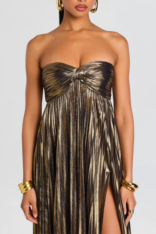 Athena Strapless Pleated Slit Maxi Dress - Gold