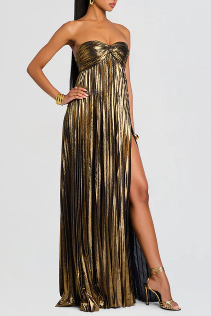 Athena Strapless Pleated Slit Maxi Dress - Gold