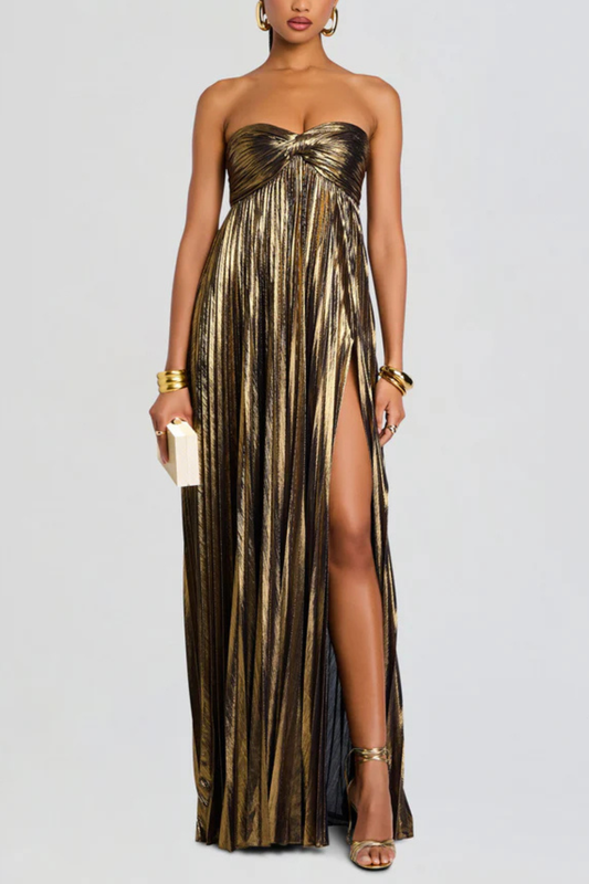 Athena Strapless Pleated Slit Maxi Dress - Gold