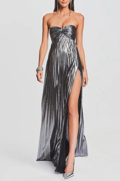 Athena Strapless Pleated Slit Maxi Dress - Silver