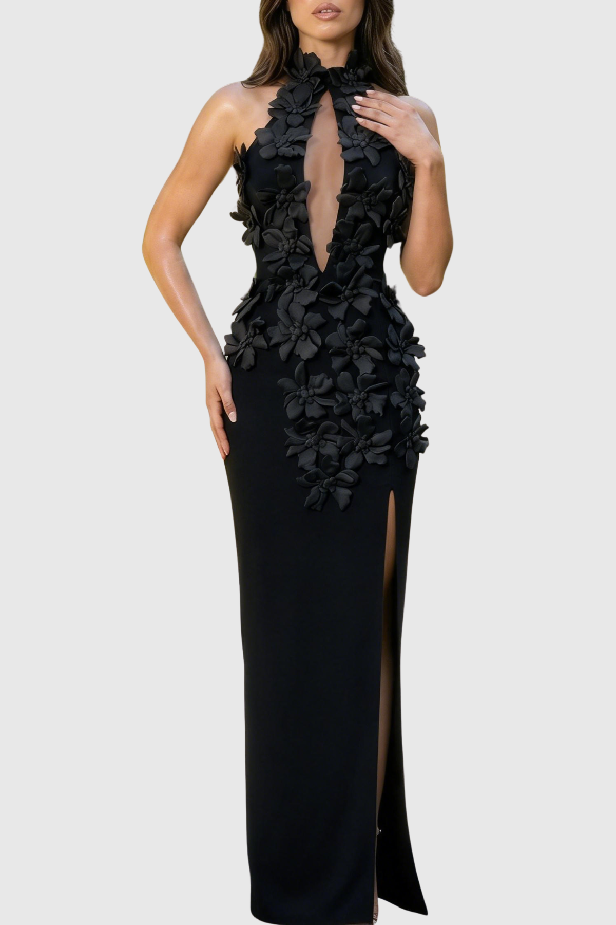 Atieno Floral Appliqué Maxi Bandage Dress - Black