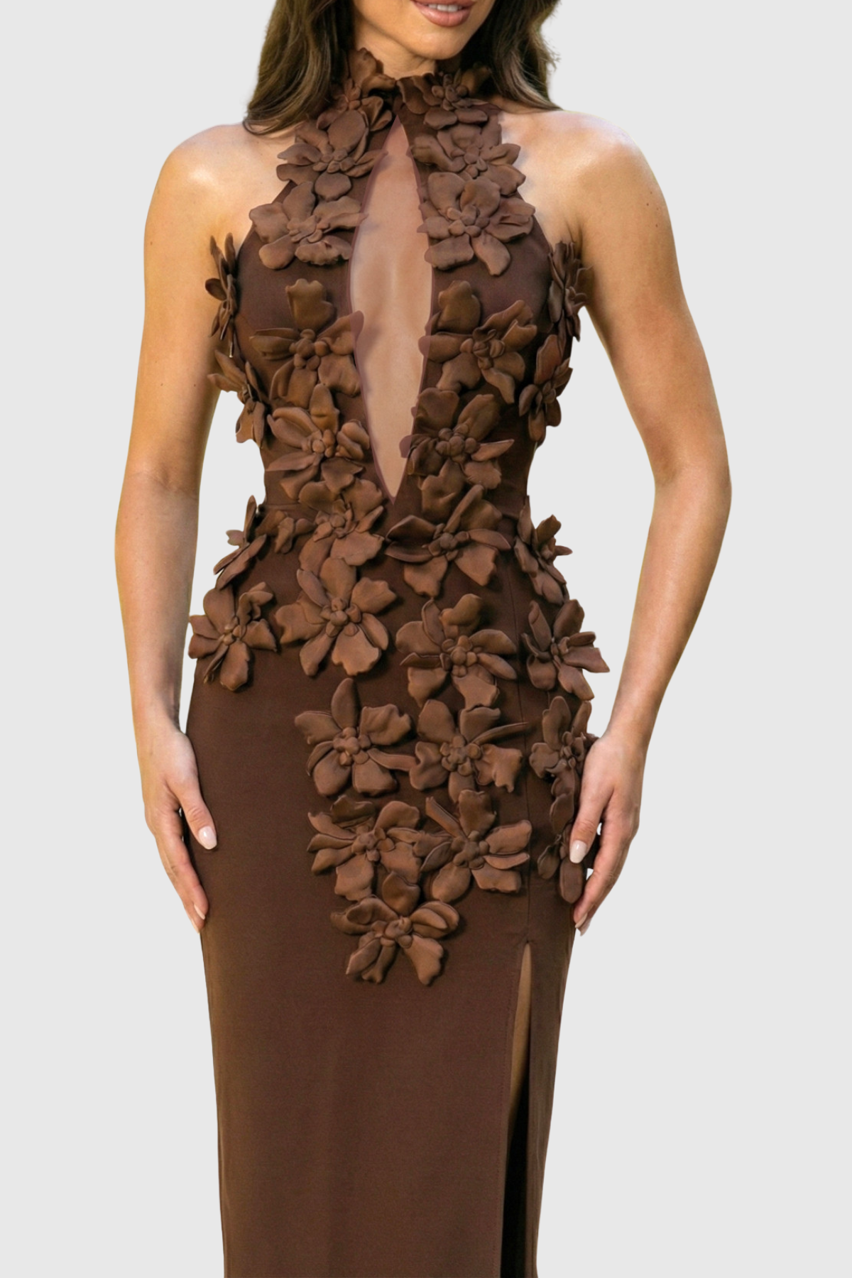 Atieno Floral Appliqué Maxi Bandage Dress - Brown