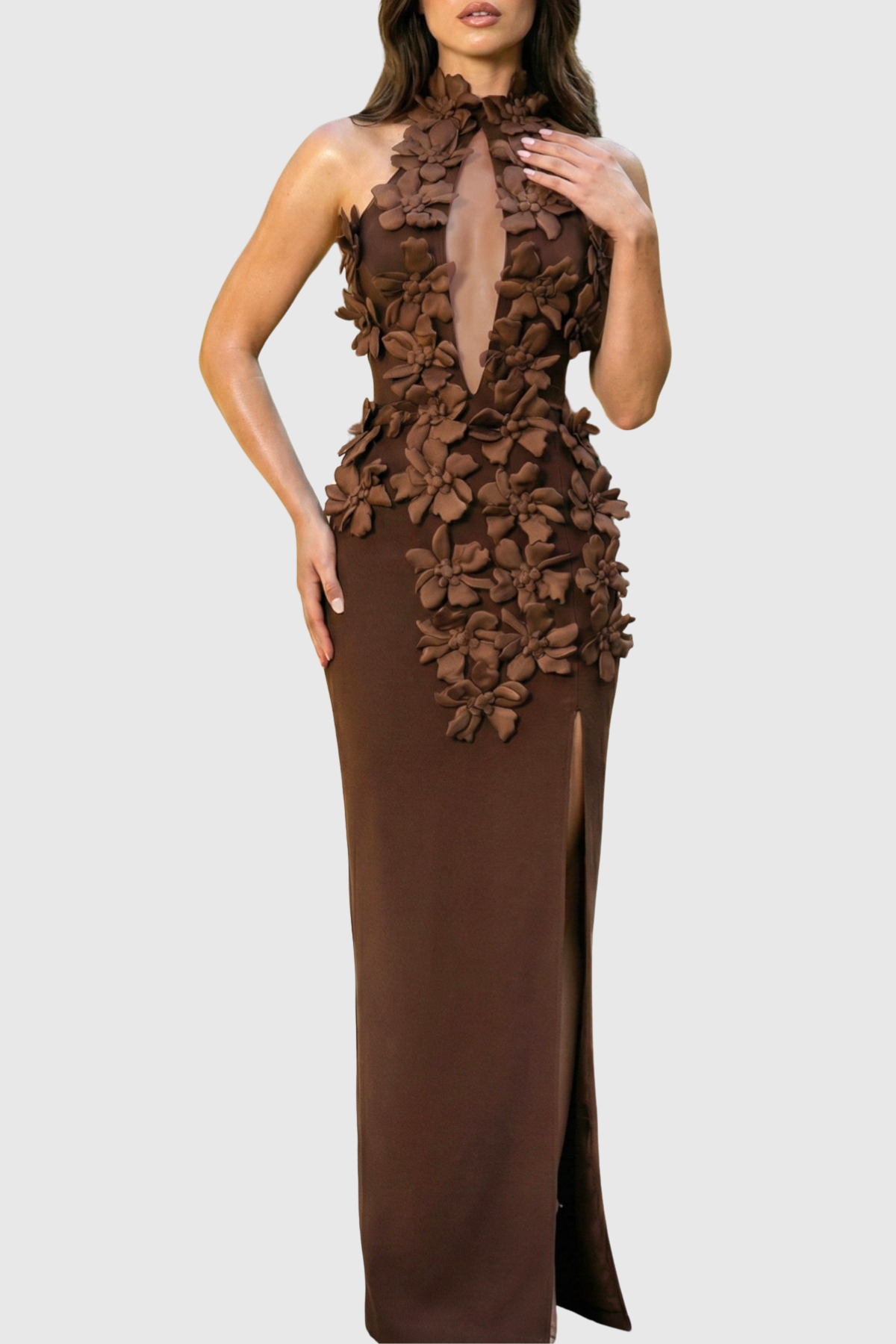 Atieno Floral Appliqué Maxi Bandage Dress - Brown