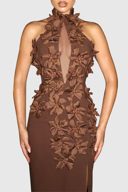 Atieno Floral Appliqué Maxi Bandage Dress - Brown